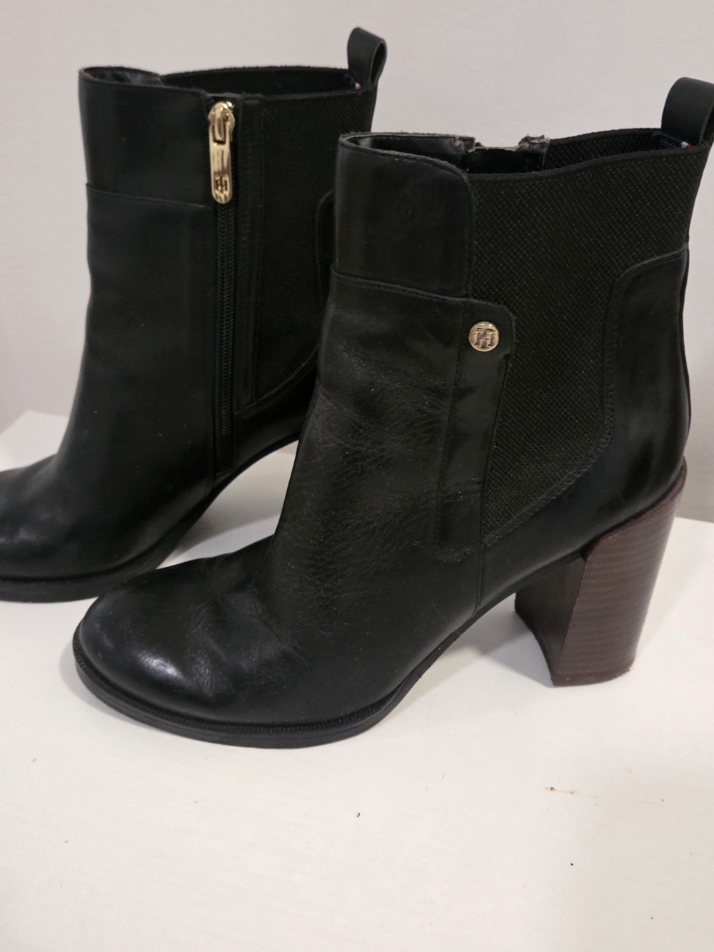 Tommy Hilfiger Black Leather Ankle Booties with Wood Block Heel